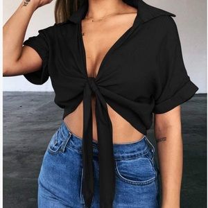 Black V Neck Tie Top